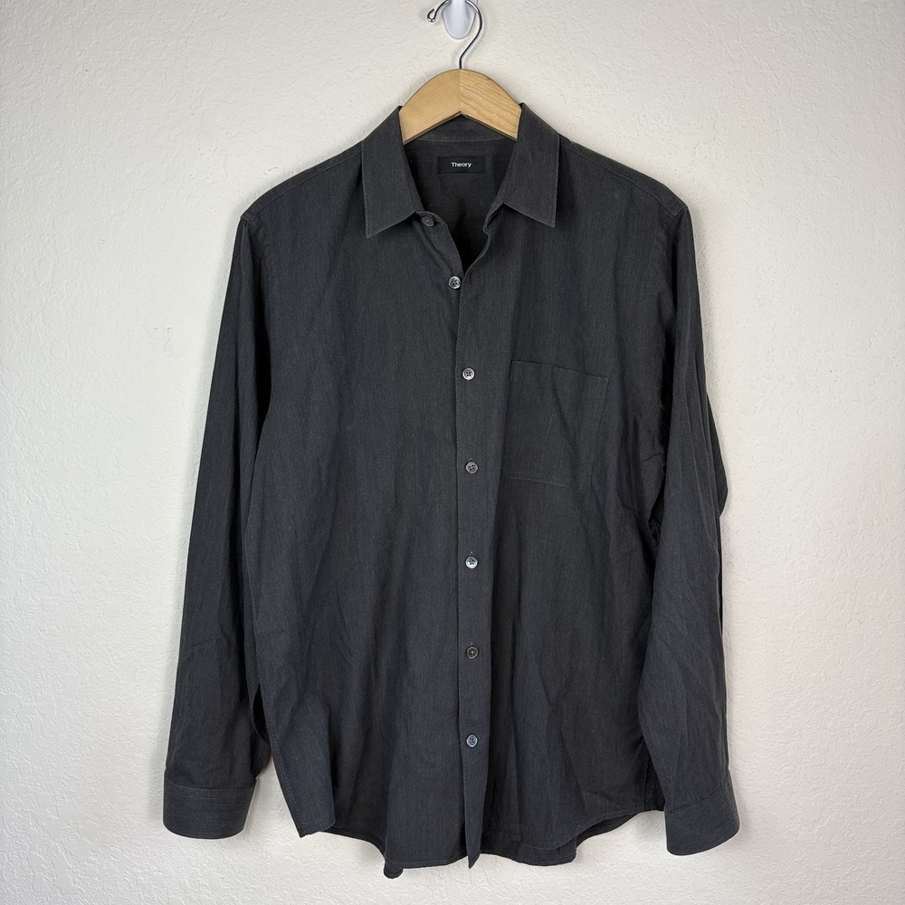 Theory Men's L Rammy Shirt Brushed Herringbone Gray Long Sleeve Button Cotton BP